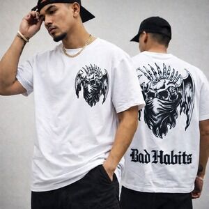 ROKU STUDIO Bad Habits Skull Wings Mens White Graphic T‎ Shirt Size 2XL